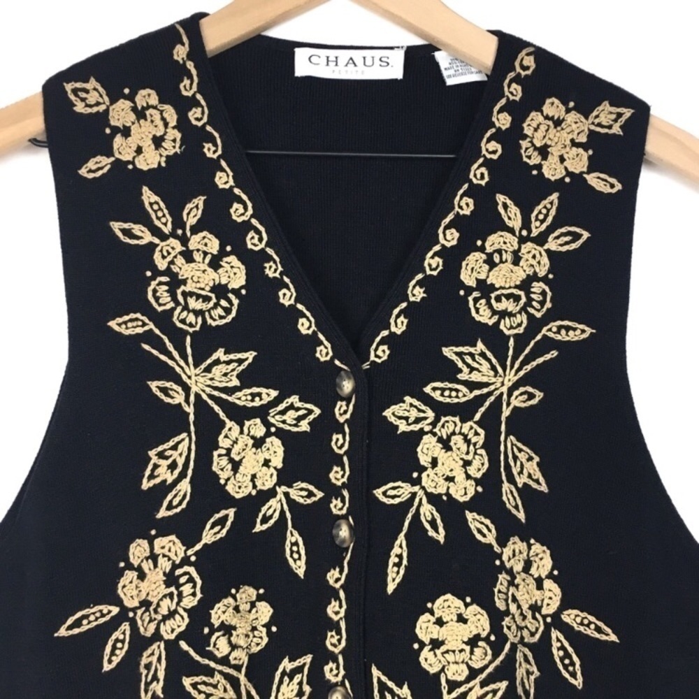 CHAUS Vest Silk Sweater Knit Embroidered Floral Dark Academia Petite Size Medium - Picture 2 of 6